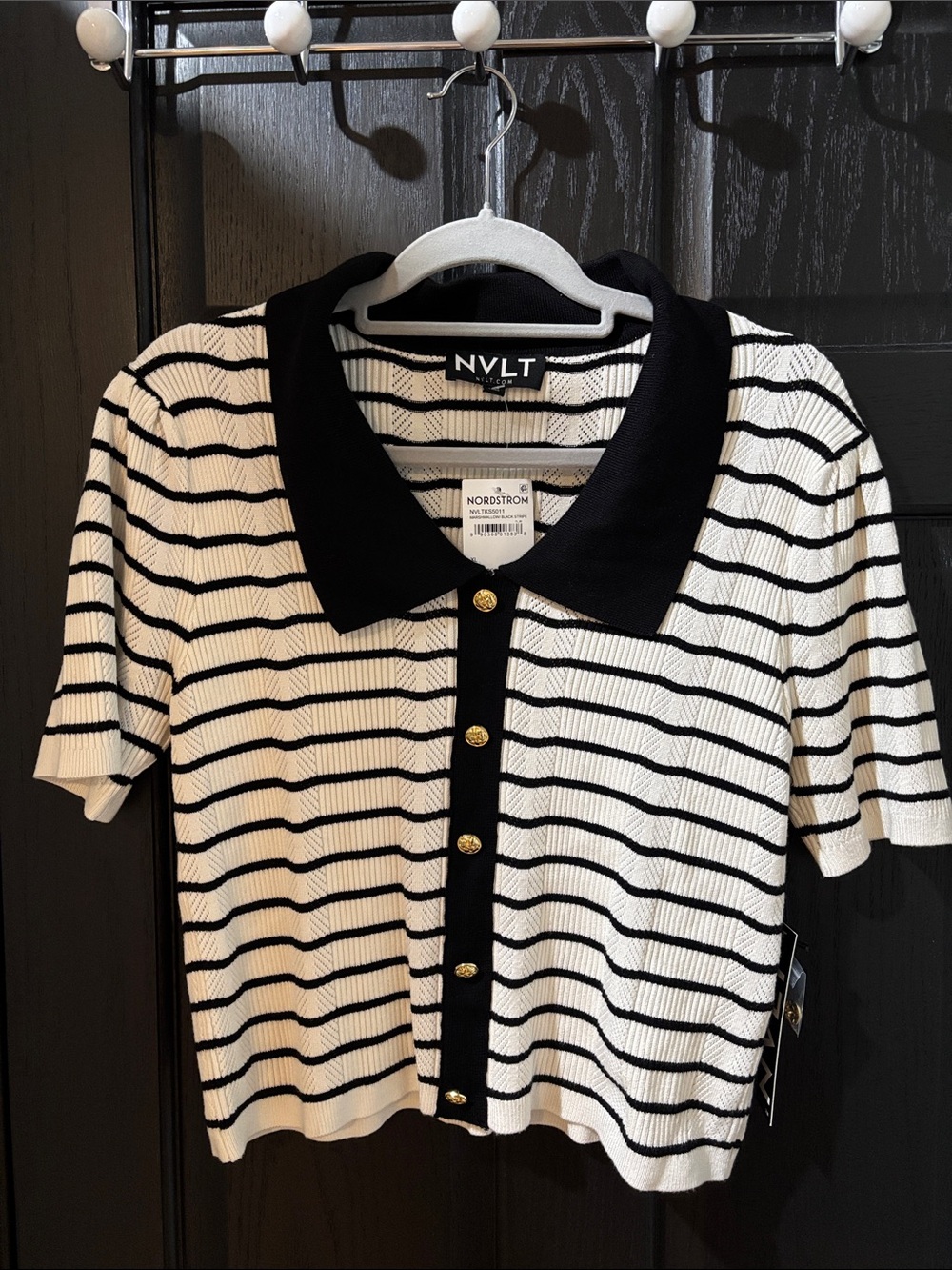 NVLT Black and White Striped Cropped Polo with Gold Buttons